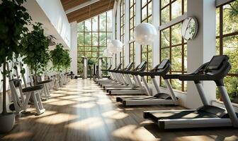 AI generated interior of a modern fitness center or gym club photo