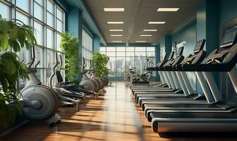 AI generated interior of a modern fitness center or gym club photo