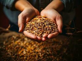 ai generado mano participación un puñado de grano y trigo semillas foto