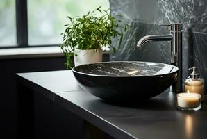 AI generated stylish black marble round vessel sink with a chrome faucet photo