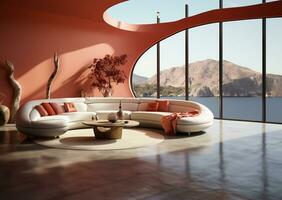 AI generated Japandi style home interior with a curved sofa photo