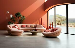 AI generated Japandi style home interior with a curved sofa photo