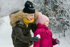 mother and daughter playing in the snow photo