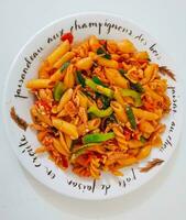 fresh breakfast red sauce pasta, a delightful and flavorful morning meal that combines the comforting elements of classic pasta with a vibrant, tangy tomato-based sauce photo