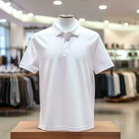 AI generated Blank white polo shirt on store background photo