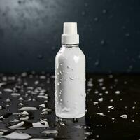 AI generated Blank white cosmetic spray bottle with water drops on dark background. Generative AI photo