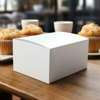 AI generated Blank white paper box mockup with cakes on wooden table with cafe background. Generative AI photo