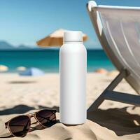 AI generated Blank white drink bottle mockup on beach background photo