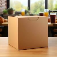 AI generated Blank beige cardboard box mockup on wooden table with kitchen background photo