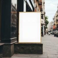 AI generated Wooden frame sign board mockup standing outside restaurant photo