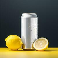 AI generated Blank drink can with lemons for mockup photo