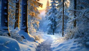 AI generated Forest trail trees with soft focus snow in winter photo