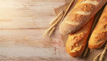 AI generated loaf of bread on wooden table photo