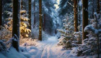 ai generado bosque sendero arboles con suave atención nieve en invierno foto