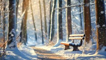 ai generado banco en el nieve bosque foto