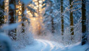 AI generated forest trail trees with soft focus snow in winter photo