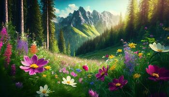 AI generated beautiful natural scenery with wild flowers photo