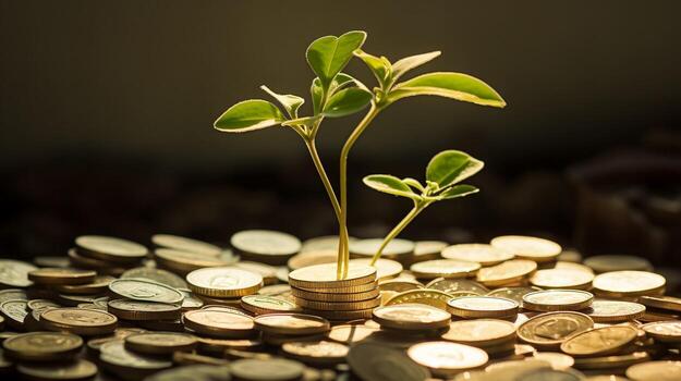 Sprouted seed in the middle of golden coins photo