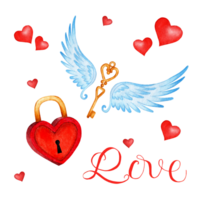 Watercolor set of padlock, key with wings, inscription love and hearts. Love concept. Design elements for Valentine's Day or wedding. Isolated. Drawn by hand. png