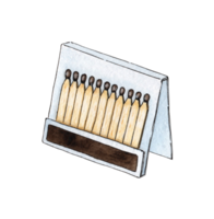 Watercolor illustration of an open book of matchboxes full of red-headed matches. Get the flame. Light the fire. Burnt wooden stick. Hand drawn doodles. Isolated. Drawn by hand. png