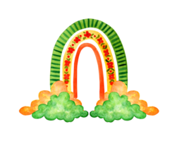 aguarela pintura fofa infantil arco Iris com nuvens. verde, amarelo, laranja clima rabiscos. bebê poster, bebê chuveiro ou bebê nascimento anúncio cartão modelo com Lugar, colocar para texto. isolado png