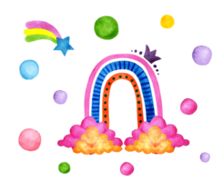 vattenfärg målning söt bebis regnbåge med moln och cirklar. rosa, blå, orange väder doodles. bebis affisch, bebis dusch eller bebis meddelande kort mall med plats för text. isolerat png