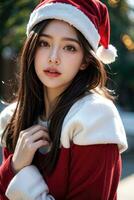 ai generado ai generativo hermosa niña en Papa Noel claus ropa terminado Navidad antecedentes foto