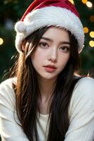 AI generated AI Generative Beautiful girl in Santa Claus clothes over christmas background photo