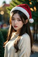 ai generado ai generativo hermosa niña en Papa Noel claus ropa terminado Navidad antecedentes foto