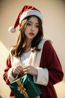 AI generated AI Generative Beautiful girl in Santa Claus clothes over christmas background photo