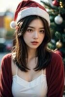 AI generated AI Generative Beautiful girl in Santa Claus clothes over christmas background photo