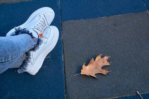 Female legs in blue jeans and white sneakers on autumn blue tiles photo