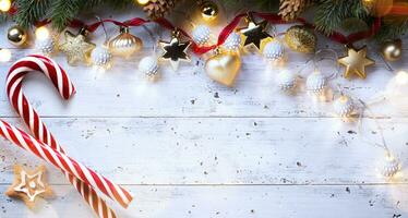 Christmas holidays composition on wooden background, Christmas tree decoration and copy space for your text photo