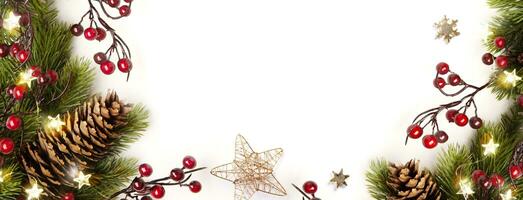 Christmas banner or greeting cards design. Background Xmas  of sparkling lights garland, with holidays gifts and Christmas tree branch photo