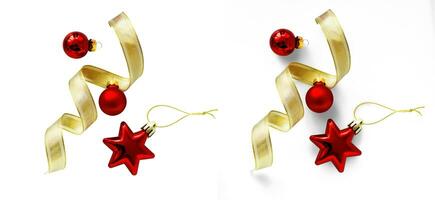 Christmas composition with Isolated Christmas gold ribbon and red christmas tree ball on transparent background. Flat lay, top view photo