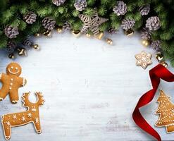 Christmas border with fir branches and pine cones and christmas sweets, treat, christmas cookies photo