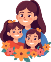 madre con niños, mamá con hija, contento familia momentos, plano estilo dibujos animados ilustración. de la madre día concepto. png
