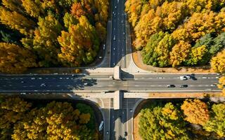 AI generated Autumnal Highway Views Aerial Serenity over Woods and Overpasses ai geneated photo