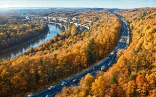 AI generated Autumnal Highway Views Aerial Serenity over Woods and Overpasses ai geneated photo