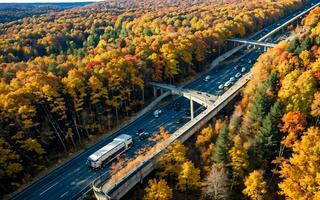 AI generated Autumnal Highway Views Aerial Serenity over Woods and Overpasses ai geneated photo