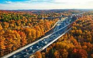 AI generated Autumnal Highway Views Aerial Serenity over Woods and Overpasses ai geneated photo
