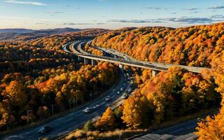 AI generated Autumnal Highway Views Aerial Serenity over Woods and Overpasses ai geneated photo