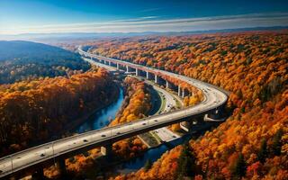 ai generado otoñal autopista puntos de vista aéreo serenidad terminado bosque y pasos elevados ai generado foto