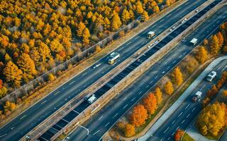 AI generated Autumnal Highway Views Aerial Serenity over Woods and Overpasses ai geneated photo