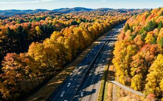 AI generated Autumnal Highway Views Aerial Serenity over Woods and Overpasses ai geneated photo