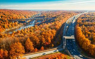 AI generated Autumnal Highway Views Aerial Serenity over Woods and Overpasses ai geneated photo