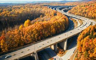 AI generated Autumnal Highway Views Aerial Serenity over Woods and Overpasses ai geneated photo