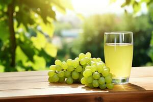 AI generated Delicious Green Grapes, A Refreshing Glass of Grape Juice on a Wooden Background photo