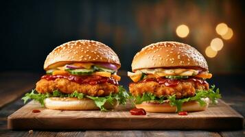 AI generated pair of savory chicken burgers on wooden board photo