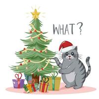 AI generated Christmas graphic of a gray  cat and a Christmas tree with the words what photo